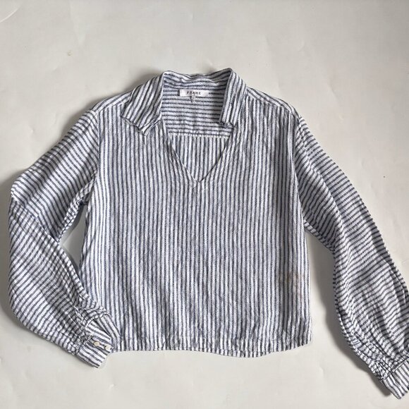 FRAME STRIPED LINEN LONG SLEEVE BUTTON DOWN TOP - Picture 1 of 5